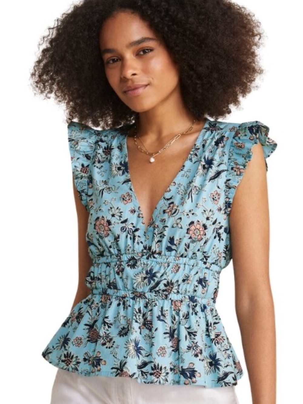 Vineyard Vines Light Blue Floral Ruffle-Sleeve Women's Top
